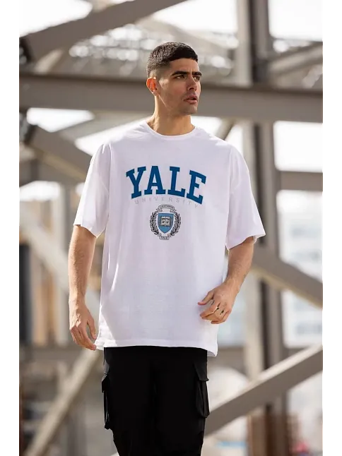 Unisex Bisiklet Yaka Baskılı Oversize T-shirt - Beyaz
