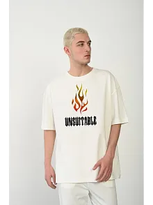 Unisex Bisiklet Yaka Baskılı Oversize T-shirt - Beyaz