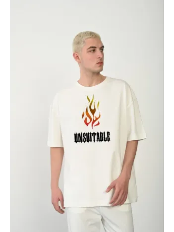 Unisex Bisiklet Yaka Baskılı Oversize T-shirt - Beyaz Unisex Bisiklet Yaka Baskılı Oversize T-shirt - Beyaz