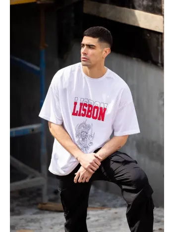 Unisex Bisiklet Yaka Baskılı Oversize T-Shirt - Beyaz Unisex Bisiklet Yaka Baskılı Oversize T-Shirt - Beyaz