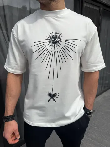 Unisex Bisiklet Yaka Baskılı Oversize T-Shirt - Beyaz Unisex Bisiklet Yaka Baskılı Oversize T-Shirt - Beyaz