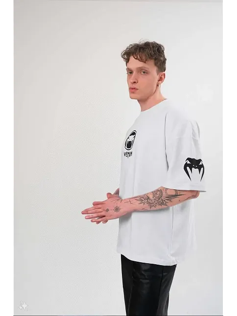 Unisex Bisiklet Yaka Baskılı Oversize T-shirt - Beyaz