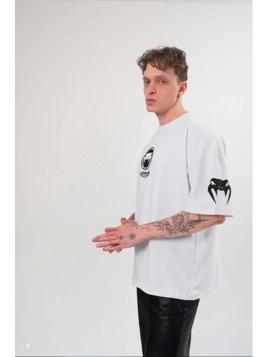 Unisex Bisiklet Yaka Baskılı Oversize T-Shirt - Beyaz Unisex Bisiklet Yaka Baskılı Oversize T-Shirt - Beyaz