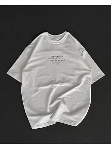Unisex Bisiklet Yaka Baskılı Oversize T-shirt - Beyaz