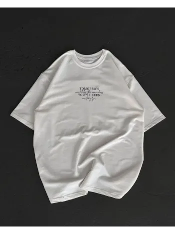 Unisex Bisiklet Yaka Baskılı Oversize T-shirt - Beyaz Unisex Bisiklet Yaka Baskılı Oversize T-shirt - Beyaz