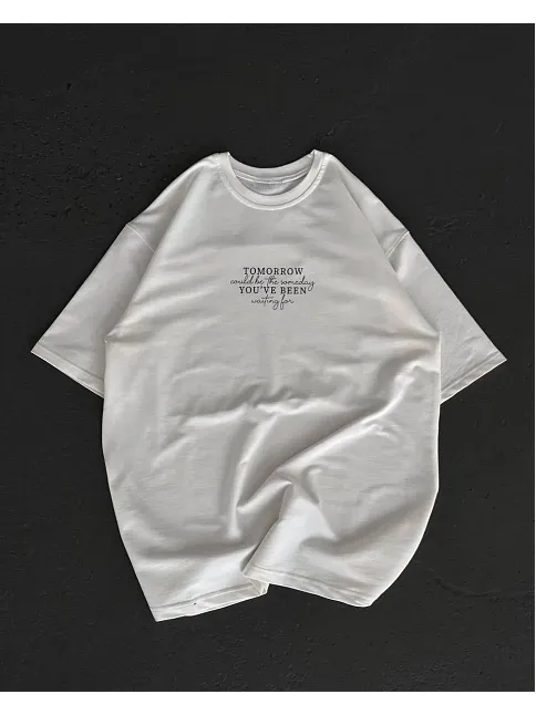 Unisex Bisiklet Yaka Baskılı Oversize T-shirt - Beyaz