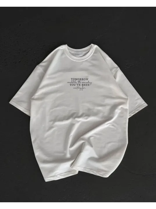 Unisex Bisiklet Yaka Baskılı Oversize T-shirt - Beyaz