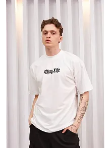 Unisex Bisiklet Yaka Baskılı Oversize T-shirt - Beyaz