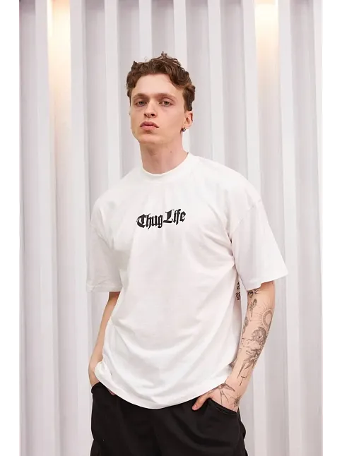 Unisex Bisiklet Yaka Baskılı Oversize T-shirt - Beyaz