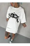 Unisex Bisiklet Yaka Baskılı Oversize T-shirt - Beyaz