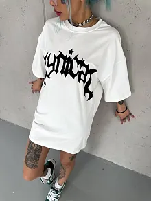 Unisex Bisiklet Yaka Baskılı Oversize T-shirt - Beyaz