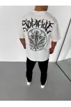 Unisex Bisiklet Yaka Baskılı Oversize T-shirt - Beyaz