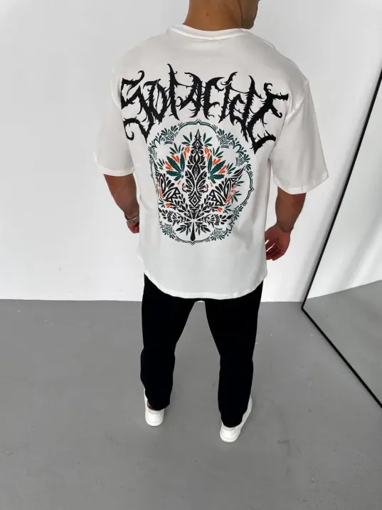 Unisex Bisiklet Yaka Baskılı Oversize T-Shirt - Beyaz Unisex Bisiklet Yaka Baskılı Oversize T-Shirt - Beyaz