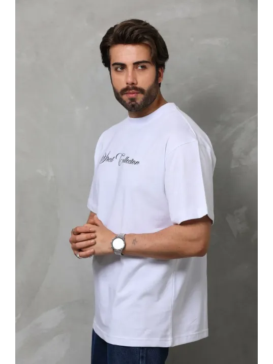 Unisex Bisiklet Yaka Baskılı Oversize T-shirt - Beyaz