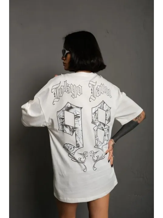 Unisex Bisiklet Yaka Baskılı Oversize T-Shirt - Beyaz