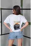 Unisex Bisiklet Yaka Baskılı Oversize T-shirt- Beyaz