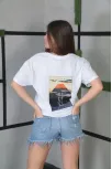Unisex Bisiklet Yaka Baskılı Oversize T-shirt- Beyaz