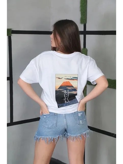 Unisex Bisiklet Yaka Baskılı Oversize T-shirt- Beyaz