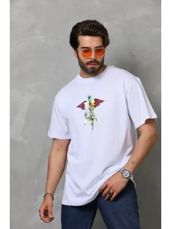 Unisex Bisiklet Yaka Baskılı Oversize T-Shirt - Beyaz Unisex Bisiklet Yaka Baskılı Oversize T-Shirt - Beyaz
