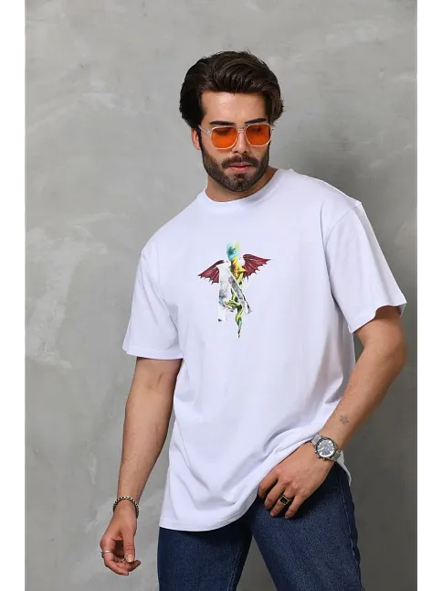 Unisex Bisiklet Yaka Baskılı Oversize T-shirt - Beyaz