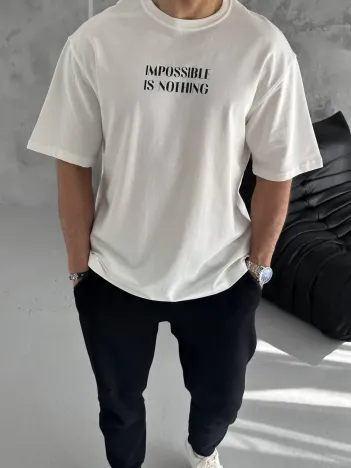 Unisex Bisiklet Yaka Baskılı Oversize T-Shirt - Beyaz Unisex Bisiklet Yaka Baskılı Oversize T-Shirt - Beyaz