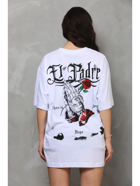 Unisex Bisiklet Yaka Baskılı Oversize T-Shirt - Beyaz