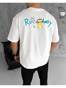Unisex Bisiklet Yaka Baskılı Oversize T-shirt - Beyaz