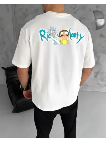 Unisex Bisiklet Yaka Baskılı Oversize T-shirt - Beyaz