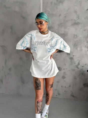 Unisex Bisiklet Yaka Baskılı Oversize T-shirt - Beyaz Unisex Bisiklet Yaka Baskılı Oversize T-shirt - Beyaz