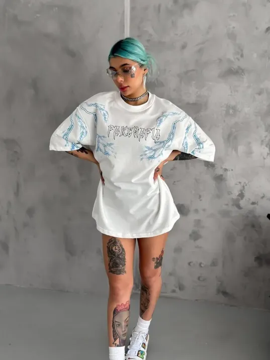 Unisex Bisiklet Yaka Baskılı Oversize T-shirt - Beyaz