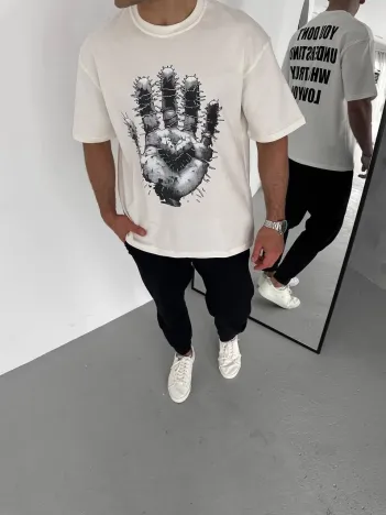 Unisex Bisiklet Yaka Baskılı Oversize T-Shirt - Beyaz Unisex Bisiklet Yaka Baskılı Oversize T-Shirt - Beyaz