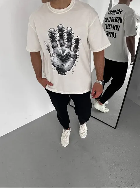 Unisex Bisiklet Yaka Baskılı Oversize T-shirt - Beyaz
