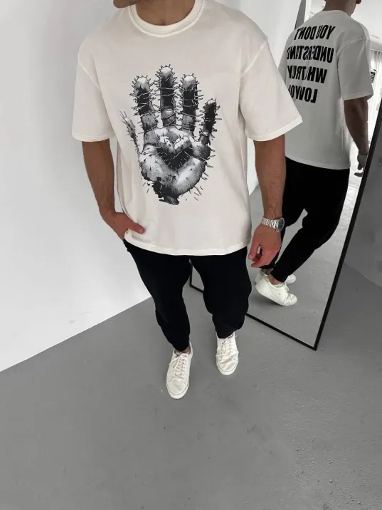 Unisex Bisiklet Yaka Baskılı Oversize T-Shirt - Beyaz Unisex Bisiklet Yaka Baskılı Oversize T-Shirt - Beyaz