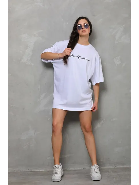 Unisex Bisiklet Yaka Baskılı Oversize T-shirt - Beyaz