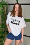 Unisex Bisiklet Yaka Baskılı Oversize T-shirt - Beyaz