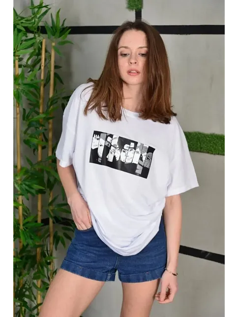 Unisex Bisiklet Yaka Baskılı Oversize T-shirt - Beyaz