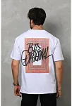 Unisex Bisiklet Yaka Baskılı Oversize T-shirt - Beyaz