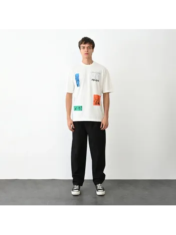 Unisex Bisiklet Yaka Baskılı Oversize T-Shirt - Beyaz Unisex Bisiklet Yaka Baskılı Oversize T-Shirt - Beyaz