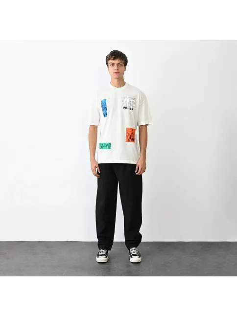 Unisex Bisiklet Yaka Baskılı Oversize T-shirt - Beyaz
