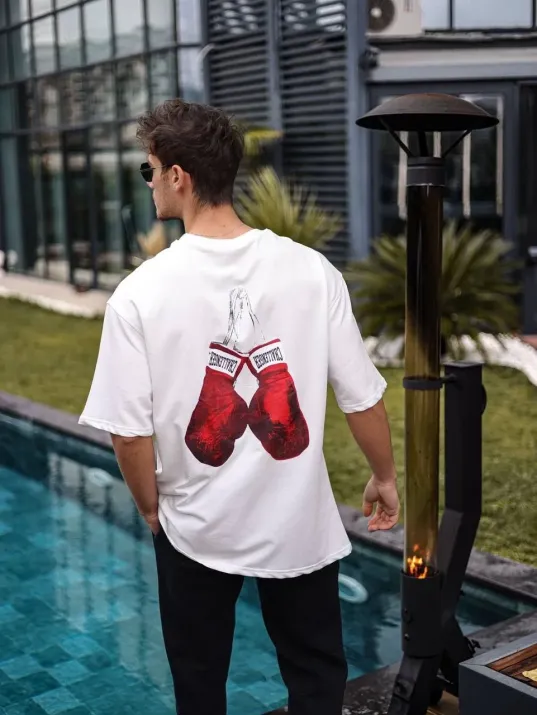 Unisex Bisiklet Yaka Baskılı Oversize T-Shirt - Beyaz Unisex Bisiklet Yaka Baskılı Oversize T-Shirt - Beyaz