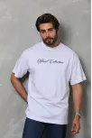 Unisex Bisiklet Yaka Baskılı Oversize T-shirt - Beyaz