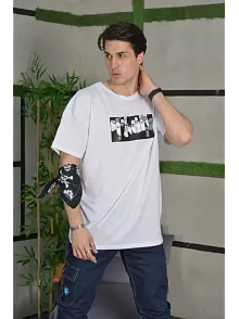 Unisex Bisiklet Yaka Baskılı Oversize T-shirt - Beyaz
