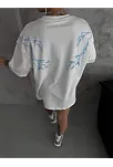 Unisex Bisiklet Yaka Baskılı Oversize T-shirt - Beyaz
