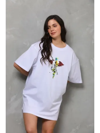 Unisex Bisiklet Yaka Baskılı Oversize T-Shirt - Beyaz Unisex Bisiklet Yaka Baskılı Oversize T-Shirt - Beyaz