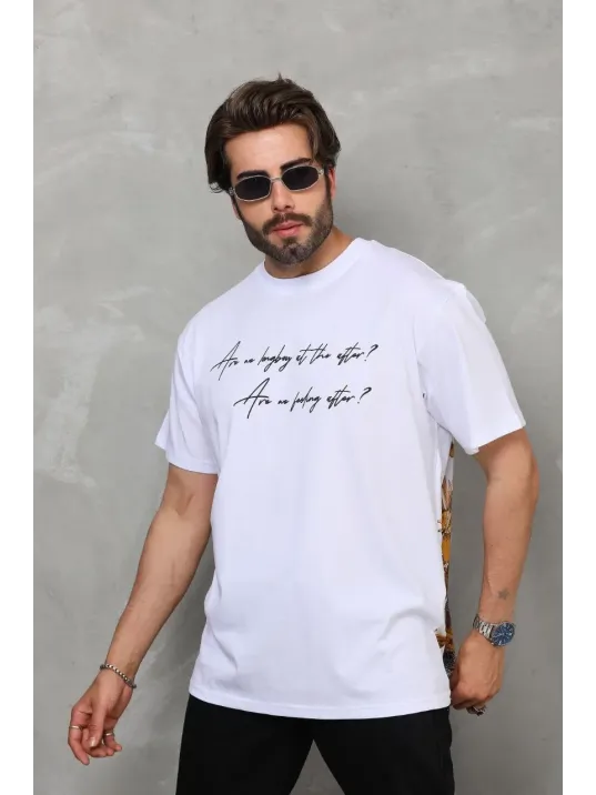 Unisex Bisiklet Yaka Baskılı Oversize T-shirt - Beyaz