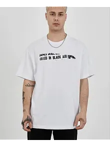 Unisex Bisiklet Yaka Baskılı Oversize T-shirt - Beyaz