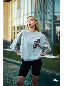 Unisex Bisiklet Yaka Baskılı Oversize T-shirt - Boyalı Gri
