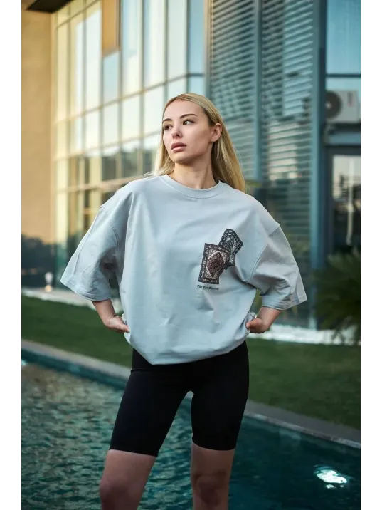Unisex Bisiklet Yaka Baskılı Oversize T-Shirt - Boyalı Gri Unisex Bisiklet Yaka Baskılı Oversize T-Shirt - Boyalı Gri