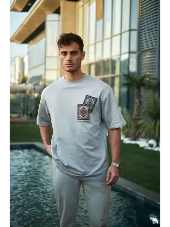 Unisex Bisiklet Yaka Baskılı Oversize T-Shirt - Boyalı Gri Unisex Bisiklet Yaka Baskılı Oversize T-Shirt - Boyalı Gri