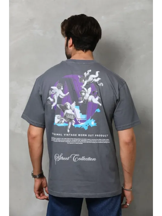 Unisex Bisiklet Yaka Baskılı Oversize T-shirt - Füme